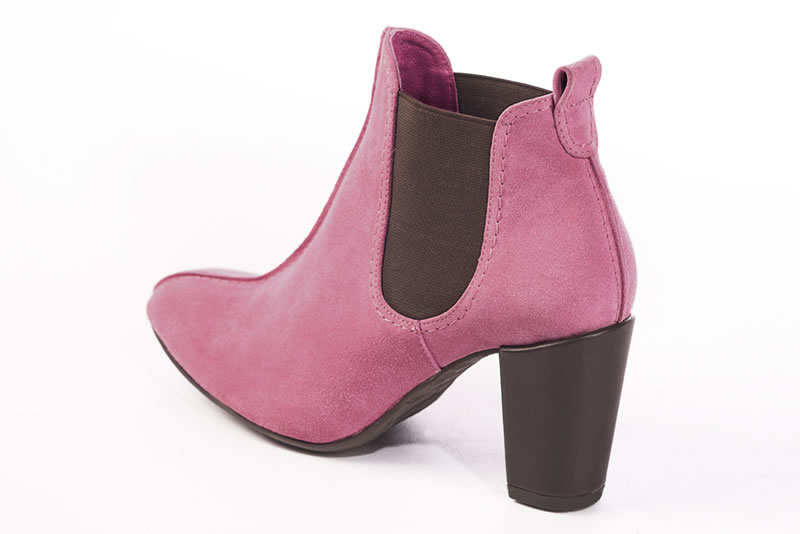Carnation pink and chocolate brown women's elegant sneakers. Round toe. High block heels. Rear view - Florence KOOIJMAN